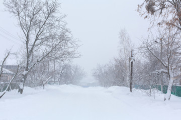 Wall Mural - Winter, rural streets are covered with snow. Snow blizzard