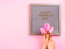 Mother's Day Greetings On Letter Board And Female Hands With Red Manicure Holding Beautiful Tulips On Pink Trendy Monochrome Backdrop. Copy Space