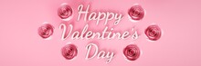 Happy Valentines Day Concept. Top View Baby Pink Happy Valentine's Day Text With Pink Roses Isolated On The Pink Background. - 3D Illustration. 