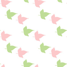 Seamless Background With Cute Pink And Green Leaves On White Background. Endless Pattern For Your Design. Vector.