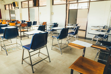 selective soft and blur focus.old wooden row lecture chairs in dirty classroom in poor school.study room without student.concept for education in third world ,donate and charity,background text.