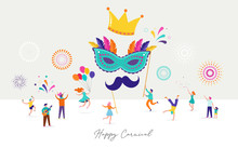 Carnival, Party, Purim Background With Tiny, Miniature People, Families, Kids And Young Adults Jumping, Dancing And Celebrating.