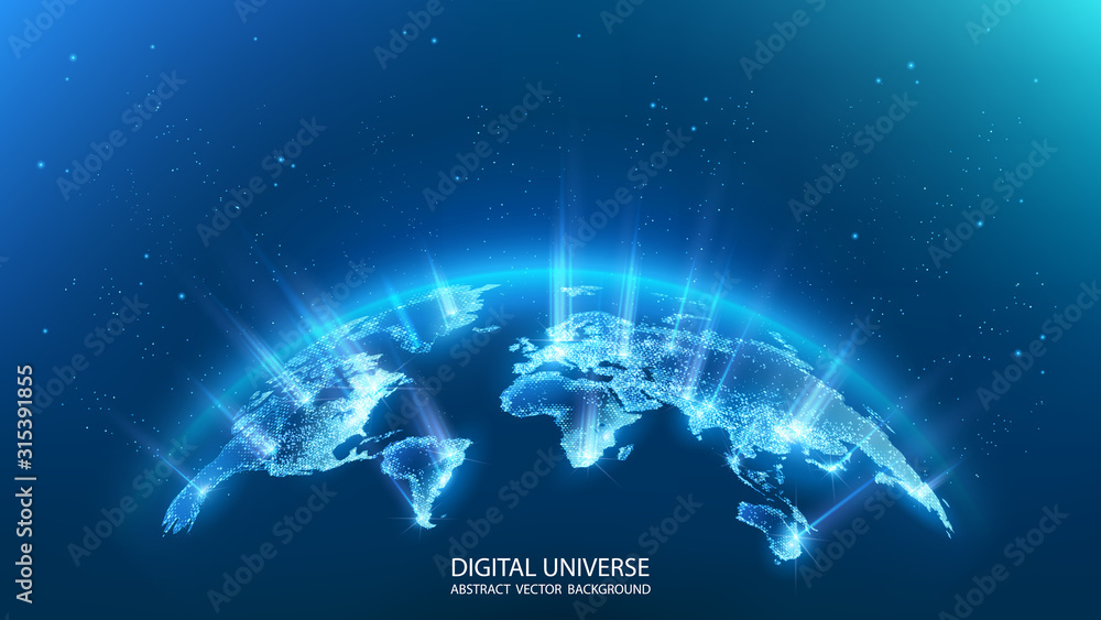Map of the planet. Rays of energy.  World map. Global social network. Future. Vector. Blue futuristic background with planet Earth. Internet and technology. Floating blue plexus geometric background. - obrazy, fototapety, plakaty 