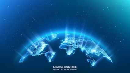 map of the planet. rays of energy. world map. global social network. future. vector. blue futuristic