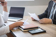 © Ngampol - Employer arriving for a job interview, businessman listen to candidate answers explaining about his profile and colloquy dream job, manager sitting in job Interview talking in office