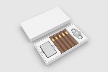 Wall Mural - Blank cigars, lighter and cigar cutter in hard paper box template for mock up, 3d render illustration. 