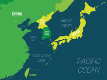 East Asia Map - Green Hue Colored On Dark Background. High Detailed Political Map Of Eastern Region With Country, Capital, Ocean And Sea Names Labeling