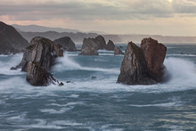 Picturesque Majestic Raging Waters Of Bay Breaking Rocks On Beach Of Silence O Gaviero In Spain
