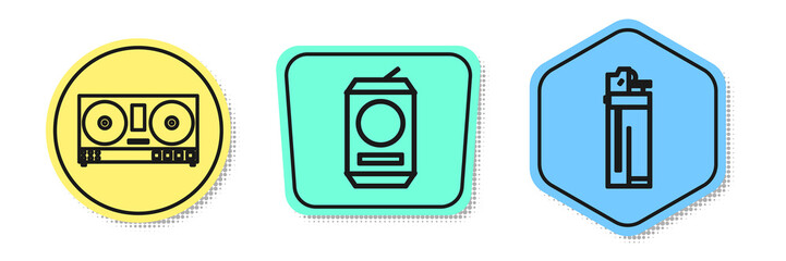 Sticker - Set line DJ remote for playing and mixing music , Beer can and Lighter . Colored shapes. Vector