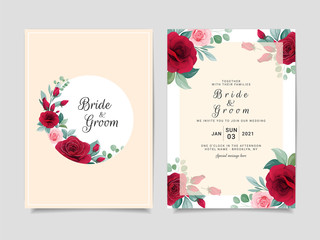 Wall Mural - Elegant wedding invitation card template design with peach and burgundy roses and leaves. Floral illustration decoration on pastel and white background