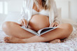 © Santi Miquel/ADDICTIVE STOCK - Cropped unrecognizable pregnant female wearing white elegant home clothes reading book while sitting with crossed legs on bed in bright room