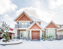 A Perfect Neighbourhood. Houses In Suburb At Winter In The North America. Luxury Houses Covered Nice Snow.