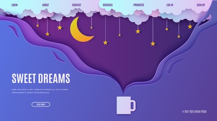 Night sky in paper cut style. Web page design template steam from hot drink cup. 3d background with cloudy landscape with stars on rope and moon papercut art. Vector card illustration. Origami clouds.