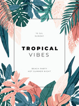Bright And Trandy Summer Hawaiian Banner, Party Flyer Or Invitation Design With Tropical Plants And Palm Leaves. Vector Illustration.
