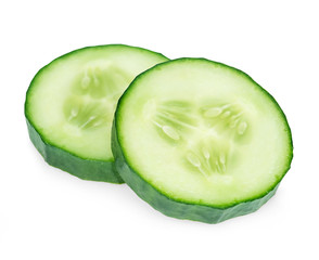 Wall Mural - Fresh slice cucumber close-up on a white background.