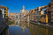 historical jewish quarter in Girona with Eiffel Bridge at sunrise, Barcelona, Spain, Catalonia
