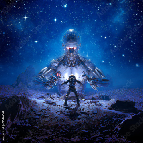 Obraz na plátně Sentinel of Titan / 3D illustration of retro science fiction scene showing astro