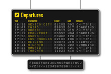 Departure And Arrival Board, Airline Scoreboard With Digital Led Letters. Flight Information Display System In Airport. Airport Style Alphabet With Numbers