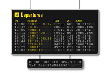 Departure and arrival board, airline scoreboard with digital led letters. Flight information display system in airport. Airport style alphabet with numbers