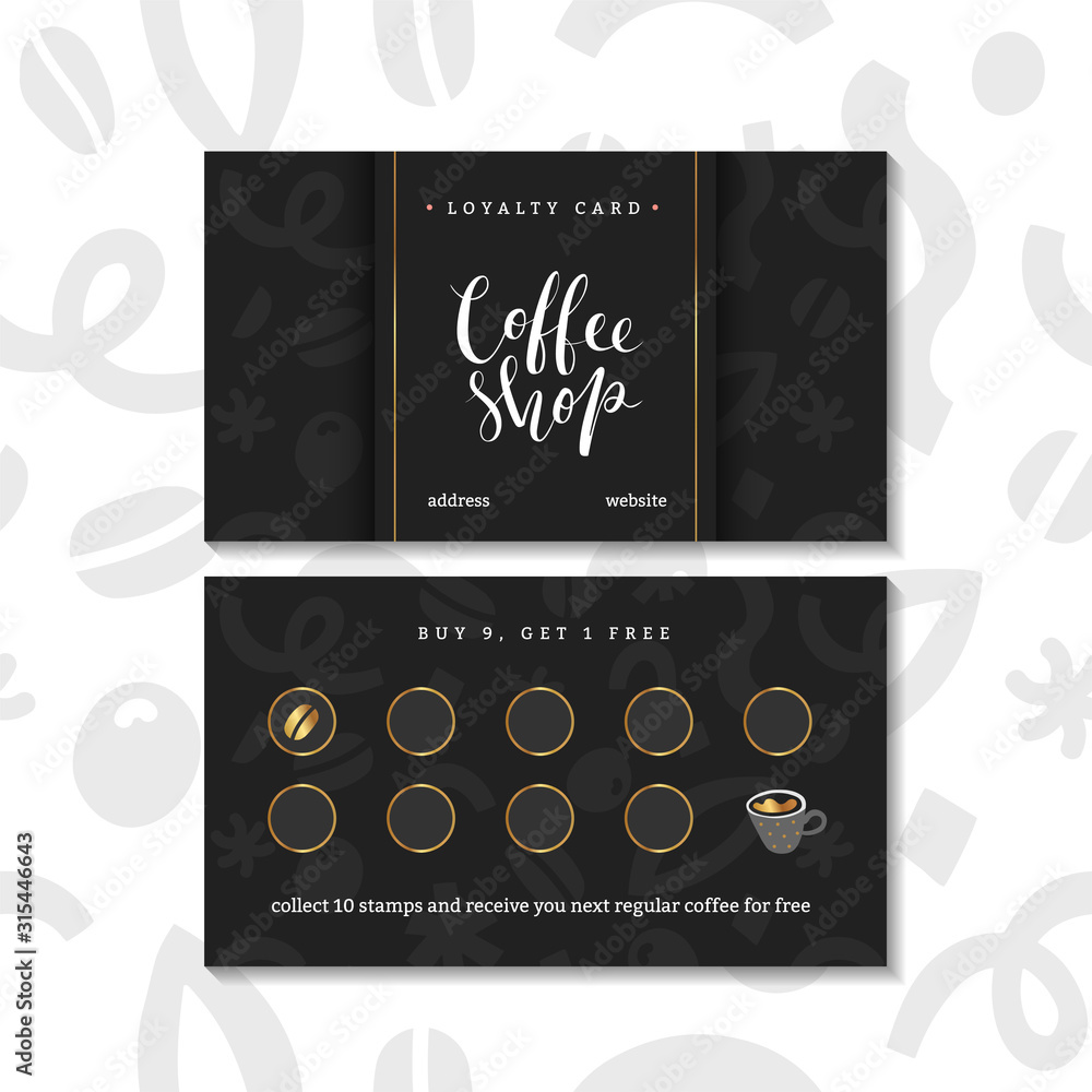 Coffee card, loyalty program for coffee shop or cafe. Pre-made layout ...