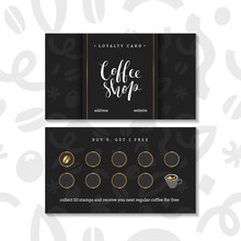 Coffee Card, Loyalty Program For Coffee Shop Or Cafe. Pre-made Layout, Special Offer For Customers To Collect Stamps, Buy 9 Get One Free. Modern Simple Design With Doodle Illustrations And Lettering.