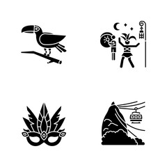 Wall Mural - Brazilian carnival black glyph icons set on white space. Traditional masquerade. Street party. Masquerade mask. Pão de Açúcar. Toucan. Silhouette symbols. Vector isolated illustration