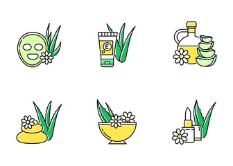 Sticker - Aloe vera green color icons set. Cosmetology. Spa treatment. Facial mask. Natural cosmetic for moisturizing. Herbal oil. Organic lip balm. Skincare products. Isolated vector illustrations