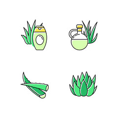 Poster - Aloe vera green color icons set. Botanical sprouts. Medicinal herb. Cactus and succulent leaf. Cosmetic cream. Natural lotion. Plant oil and juice. Healthy skincare. Isolated vector illustrations