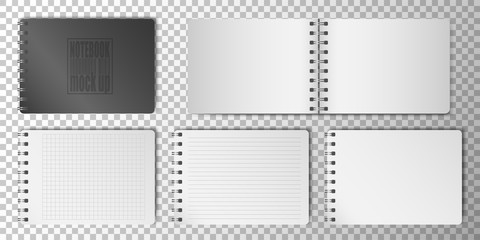 Wall Mural - Realistic 3D notepad or notebook set with clean white empty papper page and black cover isolated on transparent background. Memo spiral note pad, lined and squared page templates. Vector illustration