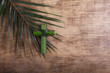 Palm sunday concept: Cross shape of palm branch on an antique wooden background