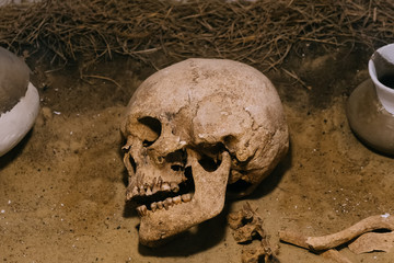 Archaeological site, a old human skull in ancient tomb