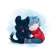 Little boy hugs his black dog friend. Watercolor textural background, cartoon cute characters. Friendship of children and animals.