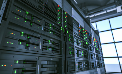 Server units in cloud service data center showing flickering light indicators for massive data connection bandwidth, close up shot.