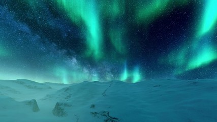 northern lights aurora borealis flashes in a starry arctic sky over empty snowy desert winter landsc