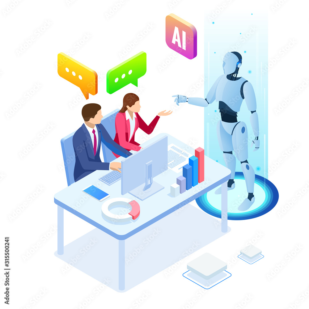 Isometric man and woman with robot artificial intelligence working ...