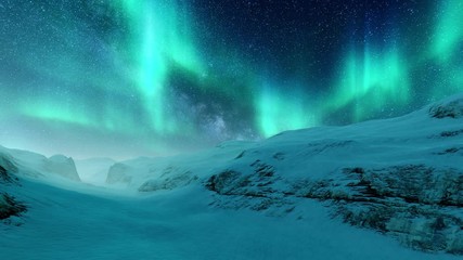 peaceful winter landscape with northern lights aurora borealis in a starry arctic sky over desolate 