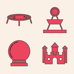 Canvas Print - Set Castle, Jumping trampoline, Attraction carousel and Magic ball icon. Vector