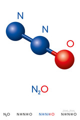 Wall Mural - nitrous oxide, n2o, laughing gas, molecule model and chemical formula. dinitrogen monoxide is a colo