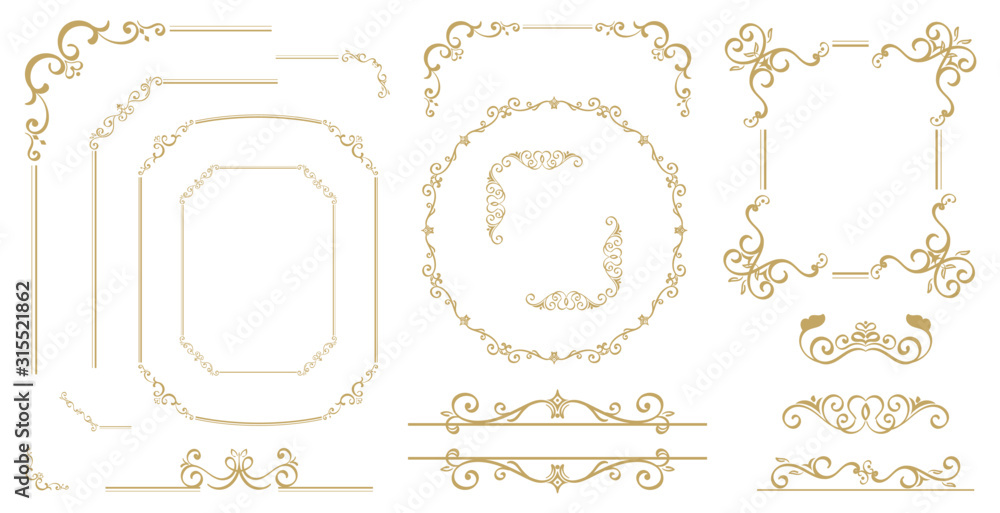 Luxury Gold vintage invitation vector set. Ornamental curls, dividers ...