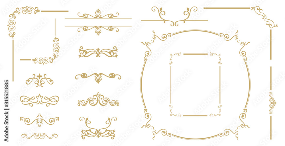 Luxury Gold vintage invitation vector set. Ornamental curls, dividers ...