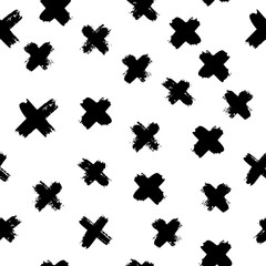 Wall Mural - Plus signs and crosses seamless pattern of brush strokes. Vector monochrome grunge texture from X.