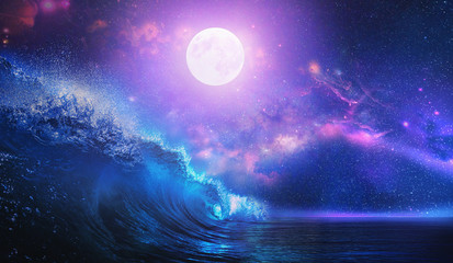 Wall Mural - beautiful night ocean scenery with surfing wave and full moon on tropical background