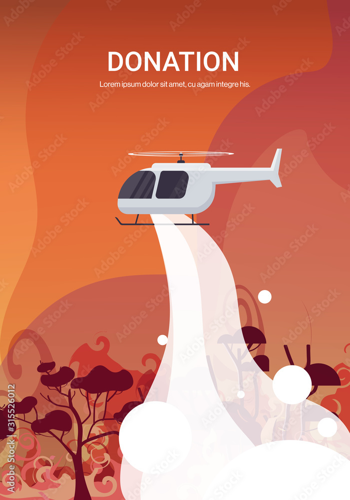 helicopter extinguishes dangerous wildfire in australia fighting bushfire dry woods burning trees firefighting natural disaster donation concept intense orange flames vertical vector illustration - obrazy, fototapety, plakaty 
