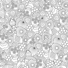 Set Of Hearts Black Outline White Background Seamless Pattern, Coloring Collage, Vector