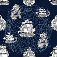 Seamless Pattern With Ship And Dolphin On Blue Background.