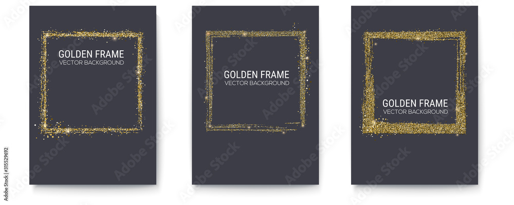Set of posters with abstract frame in grange style. Brush stroke the perimeter of the frame with golden dust and different pattern. Vector illustration, eps10. - obrazy, fototapety, plakaty 