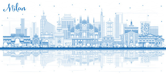 Outline Milan Italy City Skyline with Blue Buildings and Reflections.