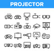 Projector Equipment Collection Icons Set Vector Thin Line. Electronic Device Video Projector And Projection Screen For Watch Film Concept Linear Pictograms. Monochrome Contour Illustrations