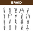 Braid Bread Hairstyles Collection Icons Set Vector Thin Line. Long Female Braid, Braided Hair Style With Bow-knot, Fashion Pigtail Concept Linear Pictograms. Monochrome Contour Illustrations