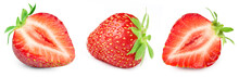 Three Ripe Strawberries. Strawberry Collection Isolated On White. Strawberry Berry Fruits Clipping Path.